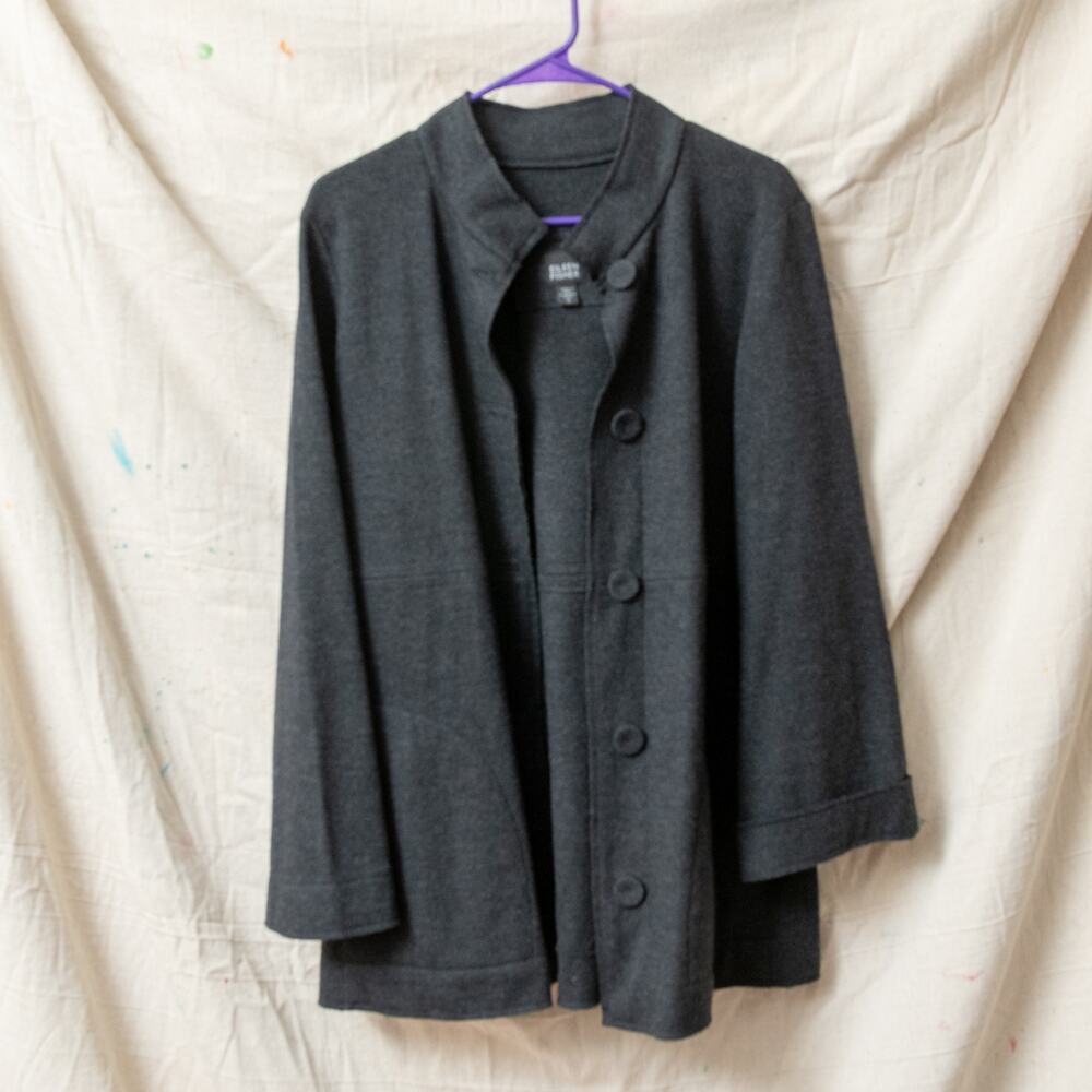 Eileen Fisher Sz Medium Charcoal Gray 100% Wool Coat Soft Pockets Classic